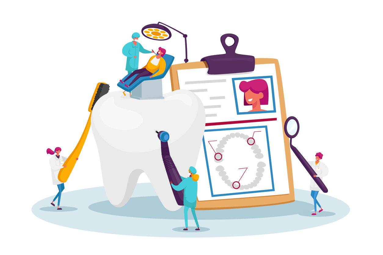 Graphic of clipboard and pen, a big tooth, a dentist and patient, representing Starting a Dental Practice vs. Buying a Dental Practice